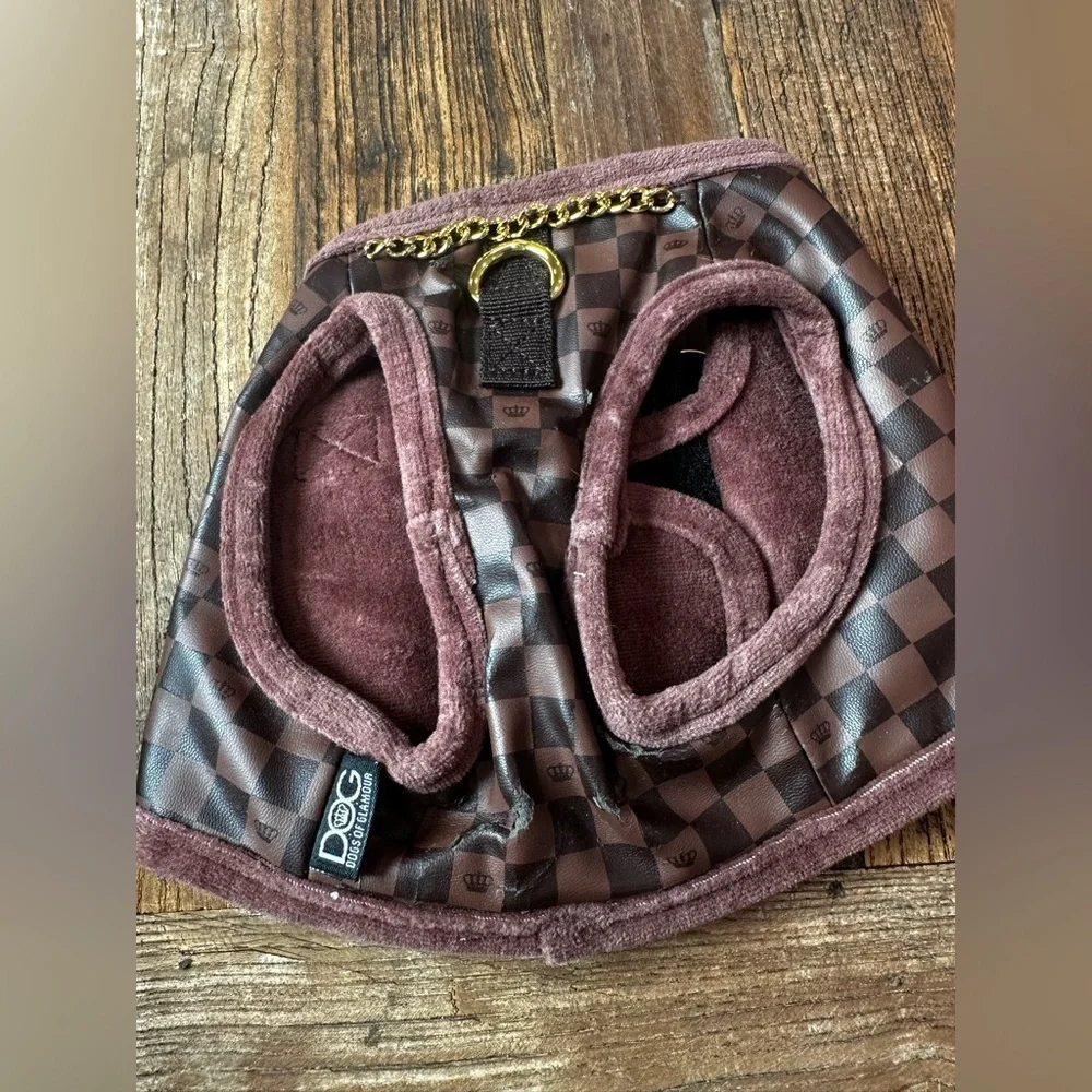 Brown Checkered Dog Harness with Crown Logo